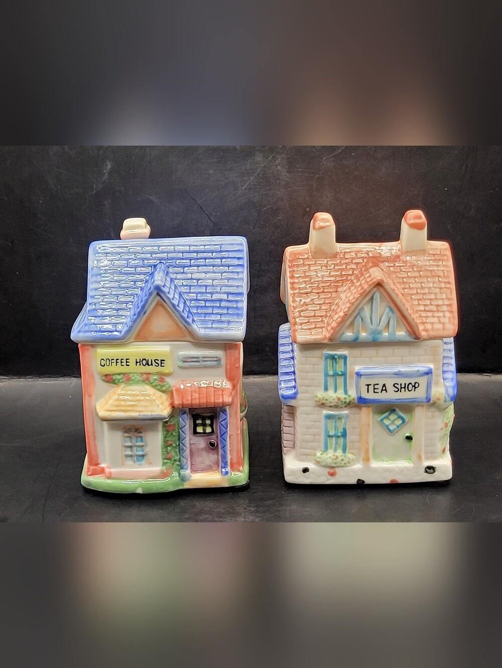 Vintage Set Of 2 Avon Tea Shop Coffee House Cottages Spice Jars Ceramic